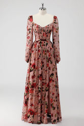 Dusty Rose Blumen Korsett A Linie Langärmeliges Hochzeitsgastkleid mit Schlitz